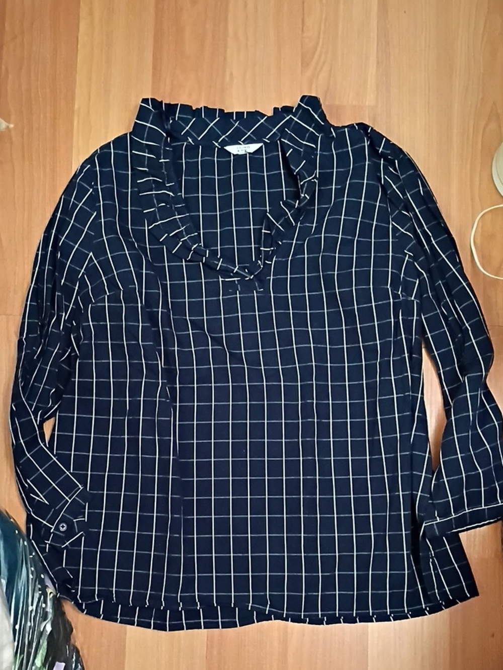 crown & ivy Navy Windowpane Ruffle Collar Blouse
